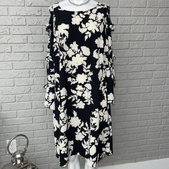 MSK Women Black & White Floral Bow Sleeve Dress Size 16 W - Picture 2 of 12